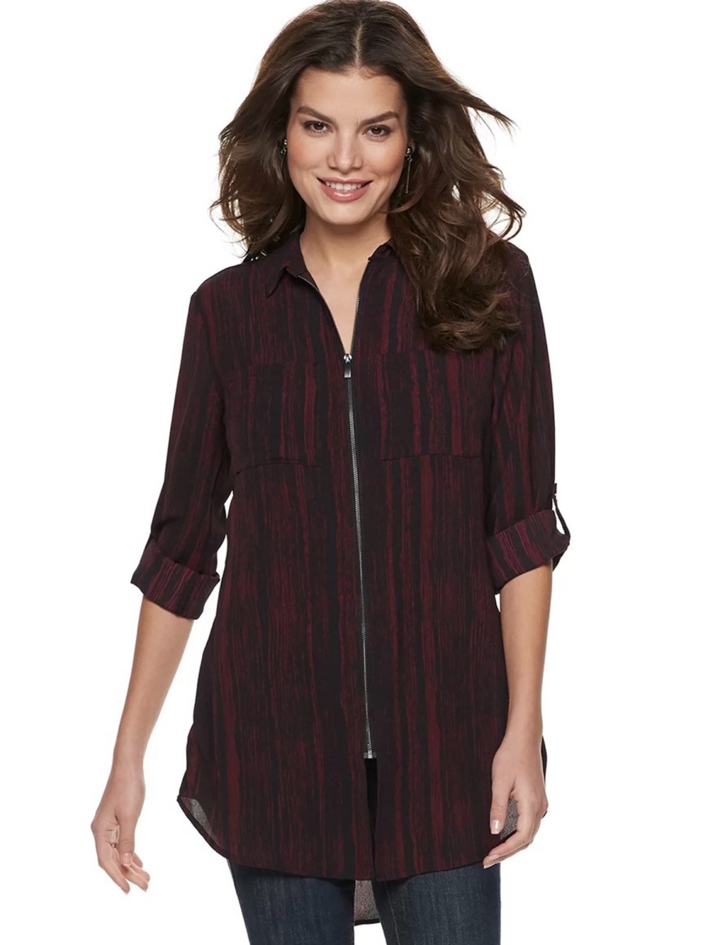 Rock & Republic Burgundy-Black Zip Tunic Top‎ L